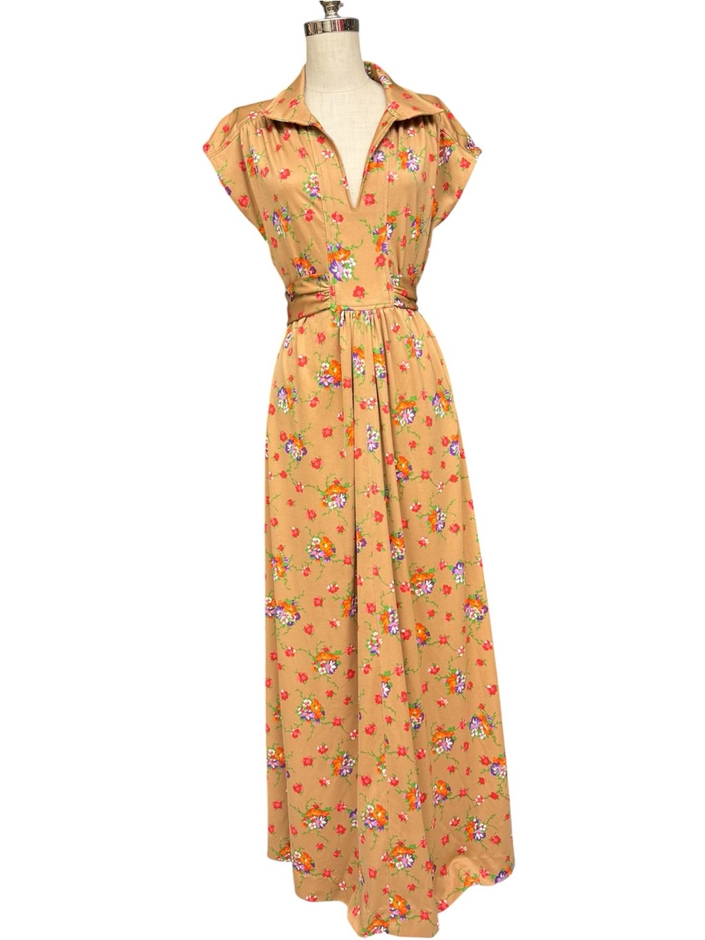 Vintage 70s Tan Floral Maxi Dress Mod Boho Tie Waist Medium, Hostess Dress Mod